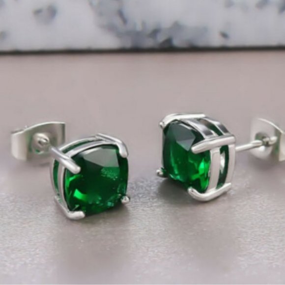 Green Stud Earrings Square 8mm with Silver Studs - Picture 2 of 2